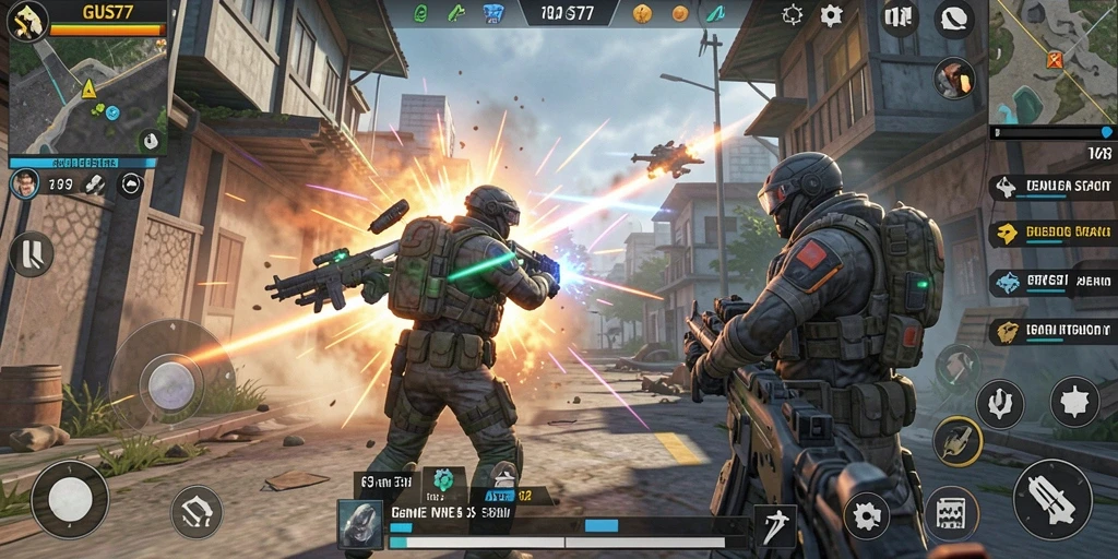 Screenshot GUS77 menunjukkan intensitas pertempuran dalam game TPS.