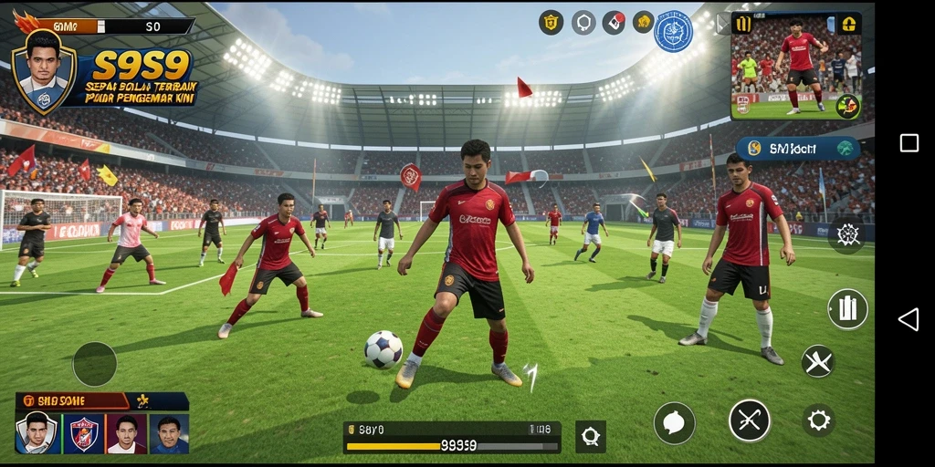 Tangkapan layar gameplay S9S9 menampilkan aksi seru di lapangan sepak bola.