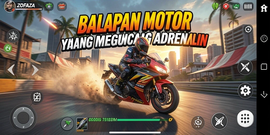 Screenshot utama ZOFAZA menampilkan aksi balapan motor yang mendebarkan.